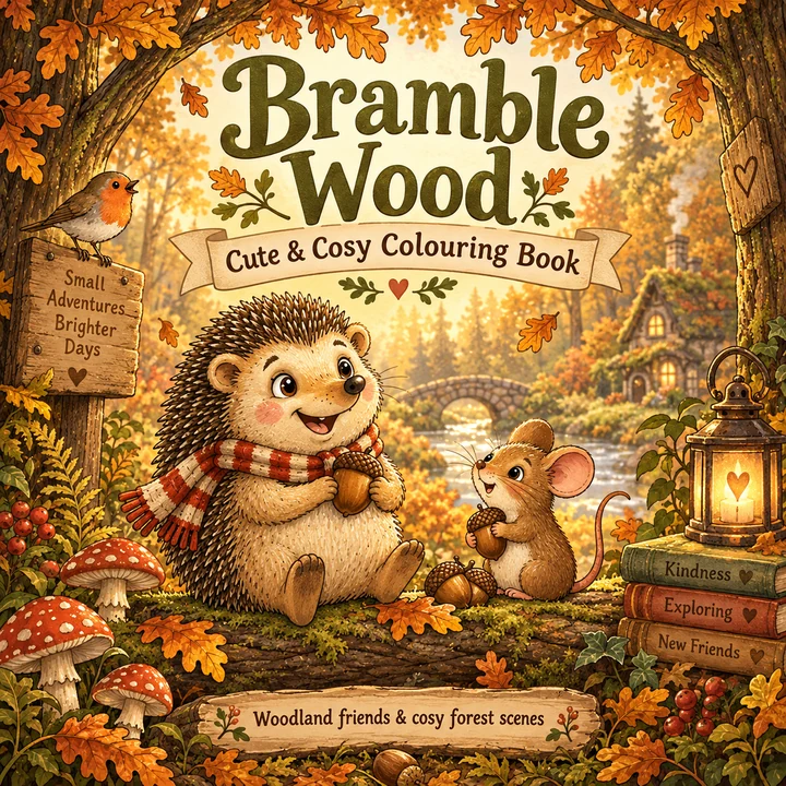 Bramble Wood: Cute & Cosy Colouring Book — hedgehog and mouse among golden autumn trees