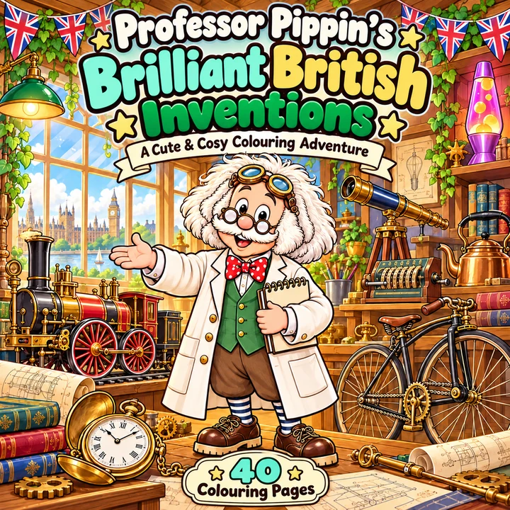 Professor Pippin’s Brilliant British Inventions — Professor Pippin in a workshop with a steam engine, telescope and bicycle