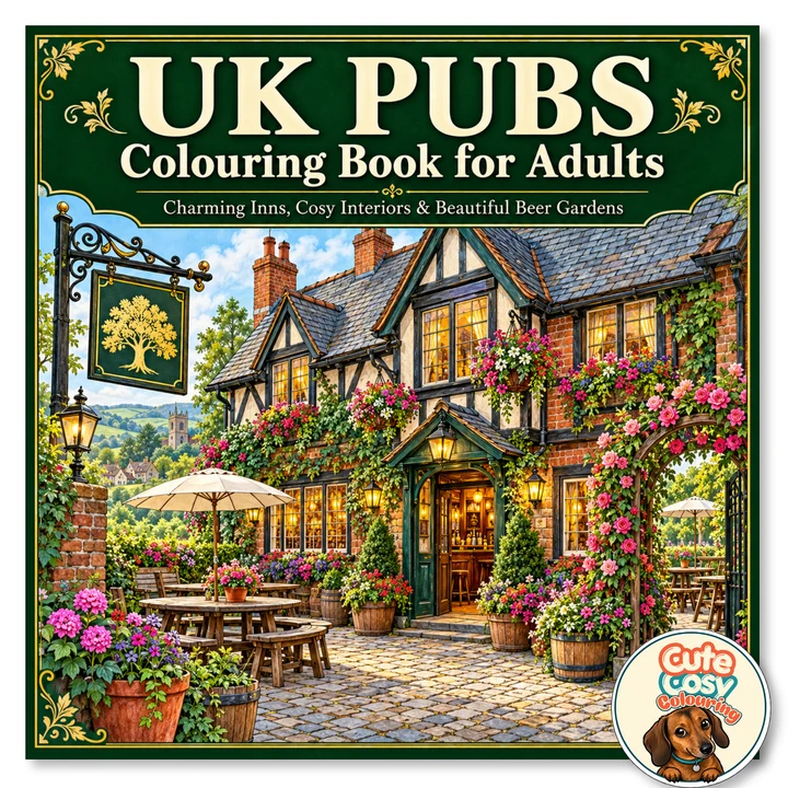 UK Pubs Colouring Book for Adults — supplied cover artwork showing a flower-filled traditional pub garden