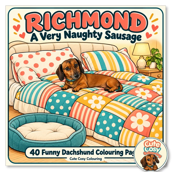 Richmond: A Very Naughty Sausage — supplied cover artwork showing Richmond on a colourful bed
