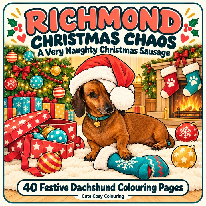 Richmond: Christmas Chaos — Richmond in a Santa hat beside presents and a Christmas tree