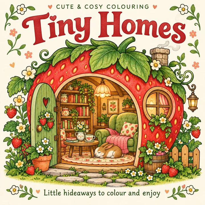 Tiny Homes — a strawberry cottage with an open door and a sleeping cat