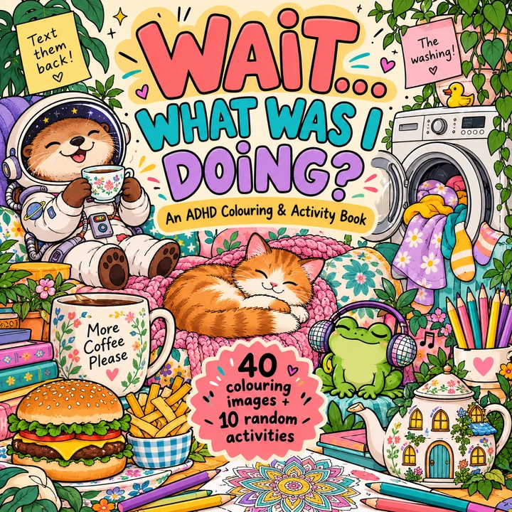 Wait… What Was I Doing? — colourful cover with an astronaut otter, a sleeping cat and everyday reminders