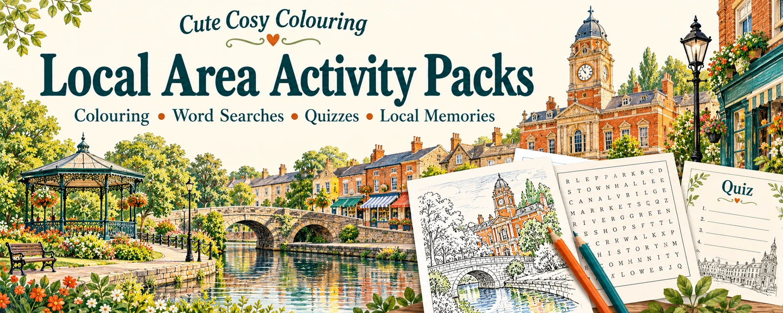 Local Area Activity Packs — a cosy British town beside a river, with colouring, wordsearch and quiz sheets
